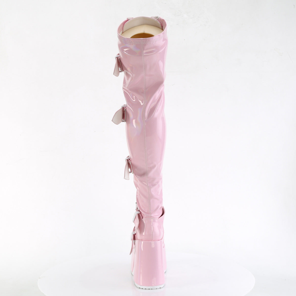 Demonia Cult Trusted - "Camel-305" Boots - Baby Pink Stretch Hologram