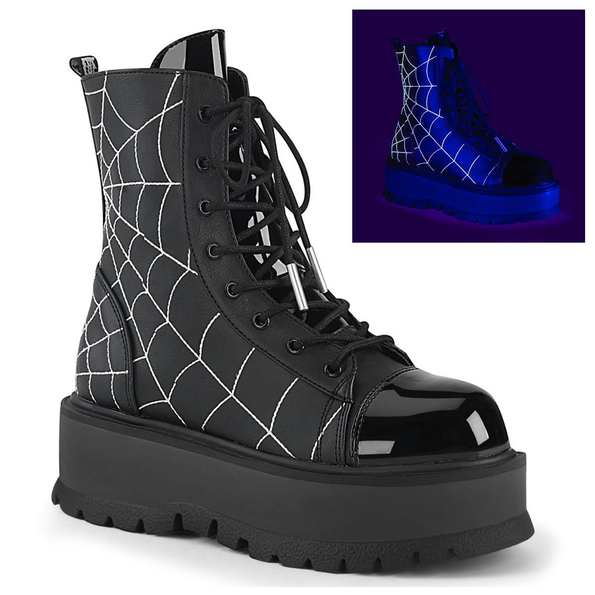 Demonia Cult Best Price - "Slacker-88" Boots - Black Vegan Leather- Patent