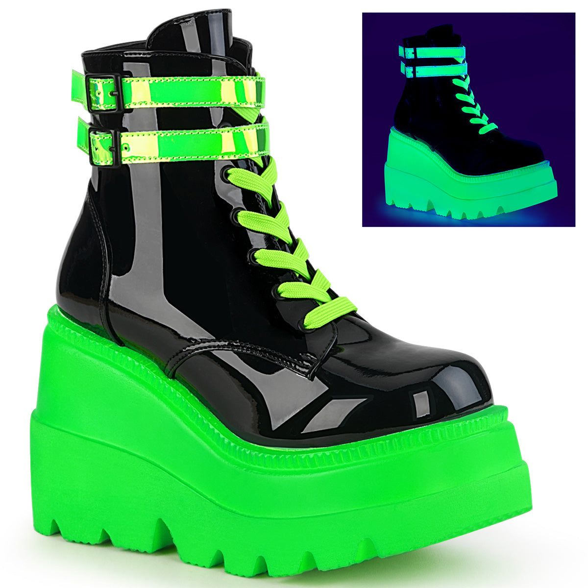 Demonia Cult Smart Buy - "Shaker-52" Boots - Black Patent-UV Neon Green