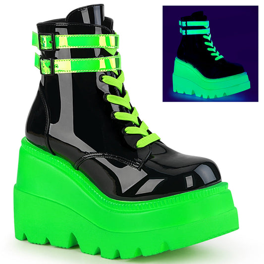 Demonia Cult Smart Buy - "Shaker-52" Boots - Black Patent-UV Neon Green
