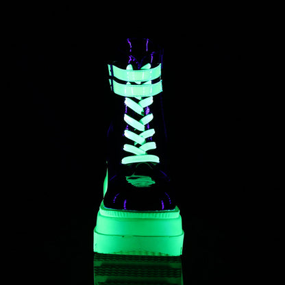 Demonia Cult Smart Buy - "Shaker-52" Boots - Black Patent-UV Neon Green