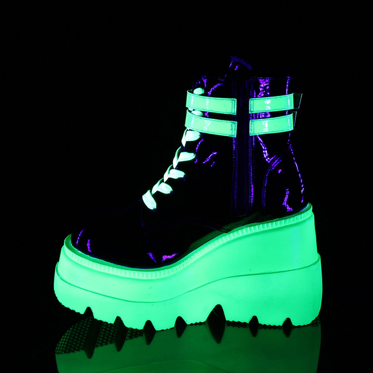 Demonia Cult Smart Buy - "Shaker-52" Boots - Black Patent-UV Neon Green